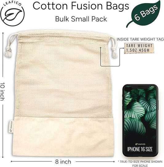LEAFICO Reusable Produce Bags – 100% Cotton Mesh & Solid Hybrid (Small 8x10 inch 6 Pcs) – Cloth Grocery Bags for Garlic, Nuts, Onions, Bulk Snacks – Washable, Plastic-Free, Breathable, Zero Waste