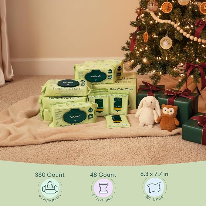 PurComfy Baby Wipes Unscented, 6 Flip-Top Packs + 6 Travel Pack 99.9% Water Wipes with Plant Based, Hypoallergenic for Sensitive Newborn Skin, Total 408 Count Wet Wipes