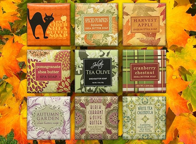 Jolitee French Milled Botanical Soap Sampler Set of 9 - Individually Wrapped Vegetable-Based Mini Soaps with Essential Oils, Shea Butter, and Natural Extracts (Fall Fun)