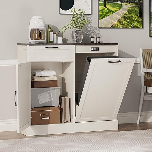 Double Tilt Out Trash Cabinet, Kitchen Island with Trash Storage, Trashcan Cabinet for Kitchens, Wood Cabinet with Trash Can Pull Out, Dog Proof Trash Can (Off White, 10 Gal)