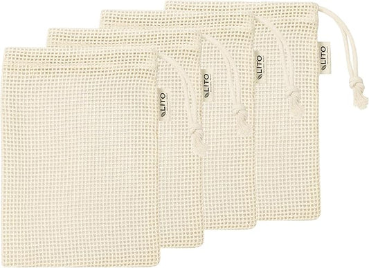 Organic Cotton Mesh Produce Bags – Large Reusable Grocery Bags (4 Pack) | Washable, Lightweight & Breathable Storage for Fruits, Vegetables, Bulk Foods & Zero Waste Living 10"x18"