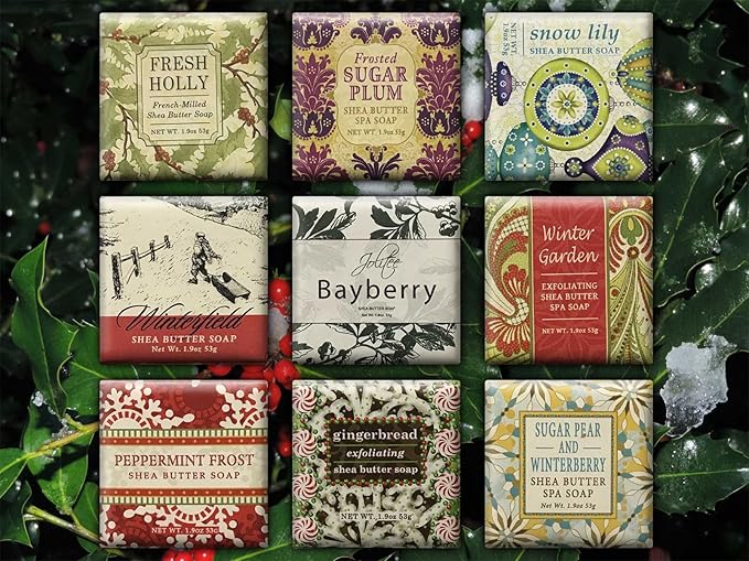 Jolitee French Milled Botanical Soap Sampler Set of 9 - Individually Wrapped Vegetable-Based Mini Soaps with Essential Oils, Shea Butter, and Natural Extracts (Seasons Scents)