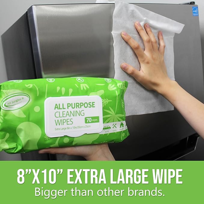 Air Jungles All Purpose Cleaning Wipes for Car and Home 70 Count, Extra Large 8" x 10" Heavy Duty for Car Interior Vinyl, Kitchen, Bathroom, Countertop, Furniture, Tool - Non-Toxic for Multi-Surface