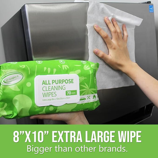 Air Jungles All Purpose Cleaning Wipes for Car and Home 70 Count, Extra Large 8" x 10" Heavy Duty for Car Interior Vinyl, Kitchen, Bathroom, Countertop, Furniture, Tool - Non-Toxic for Multi-Surface