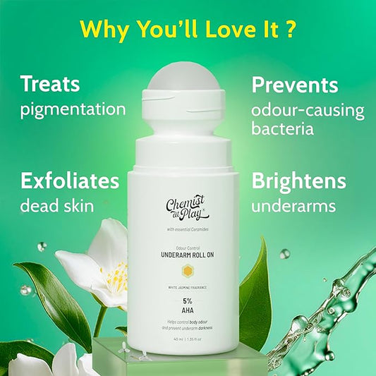 Chemist at Play UnderArm Roll-On with 5% AHA|Lactic & Mandelic Acid|Prevents Odour, Brightens Skin & Exfoliates Underarm|For Sensitive Skin|White Jasmine Fragrance|Alcohol & Aluminium Free| 1.35 fl oz