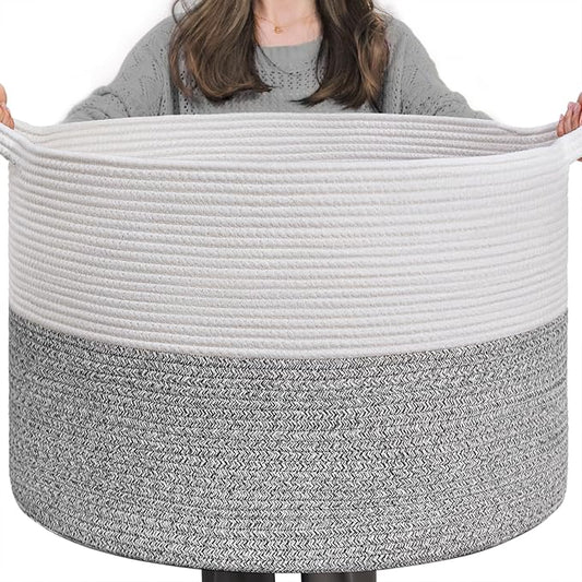 INDRESSME Large Storage Basket, 21.7'' x 13.8'' Cotton Rope Blanket Basket Living Room, Toy Organizers and Storage with Handles for Kids, Laundry Baskets for Clothes, Towel, 90L Grey