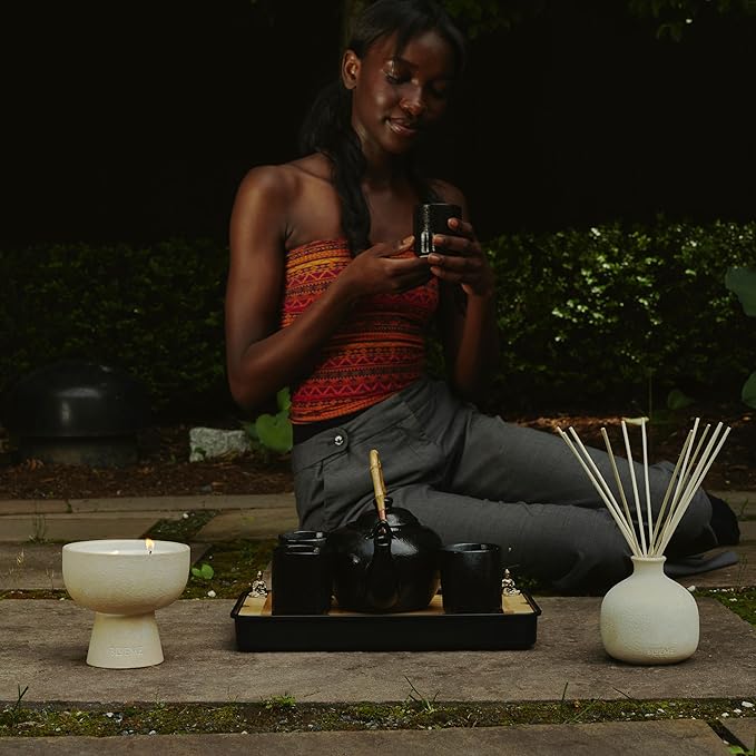 BLUEME Balance-White Lotus & Tea, 2 Wick, Refillable Wellness Candle, Contains Essential Oil, Sustainable, Hand Finished, Hand Poured, Premium, Luxury Ceramic, Natural Cotton Wick, Soy-Wax Blend