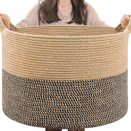 INDRESSME Extra Large Woven Baskets for Storage, 21.7 x 13.8 Blanket Basket Living Room Wicker Storage Basket for Organizing Woven Laundry Baskets for Toy Pillow Shoe, Entryway, Black Jute
