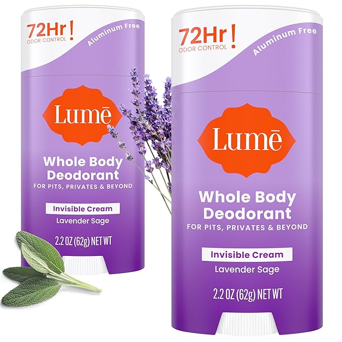 Lume Deodorant Cream Stick - Underarms and Private Parts - Aluminum-Free, Baking Soda-Free, Hypoallergenic, and Safe For Sensitive Skin - 2.2 Ounce (Pack of 2) (Lavender Sage)