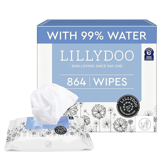 LILLYDOO Baby Wipes with 99% Water – Unscented, Hypoallergenic, Plant-Based, Strong & Plastic-Free, Compostable, 12 resealable Packs x 72 (864 Wipes Total)