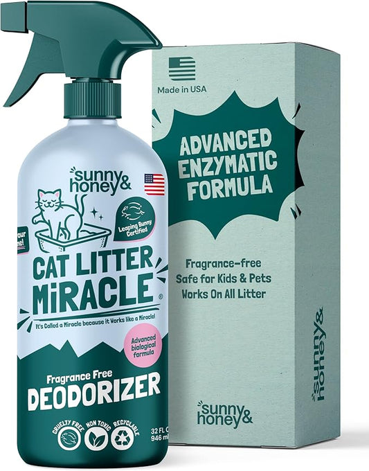 Sunny & Honey Cat Litter Deodorizer Spray - 32 fl oz, 1 Pack, Unscented - Source-Targeted Freshness & Litter Box Cleaner - Enzyme Cat Pee Cleaner - Fragrance-Free Deodorizer