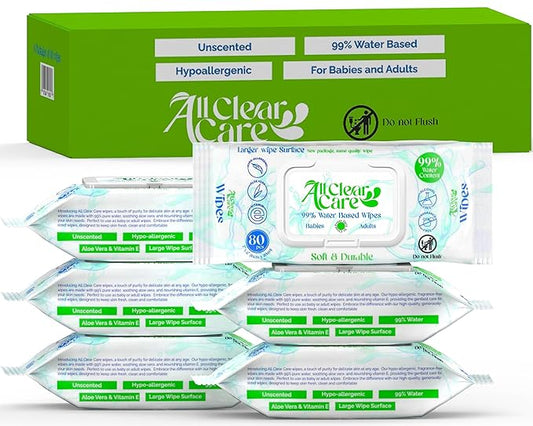 Baby Wipes, Unscented Wipes for Sensitive Skin, Large Soft Durable & 99% Water Based, Gentle & Hypoallergenic for Babies & Adults, Vitamin E and Aloe, Flip Top Lid, 6 Pack (480 Wipes)