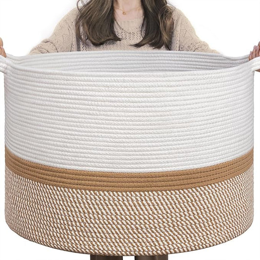 INDRESSME XXXLarge Cotton Rope Basket 21.7" x 21.7" x 13.8" Woven Baby laundry Blanket Basket for Home Decor Living Room Nursery, Toy Storage Baskets for Kids Boys Girls, White & Camel Mix