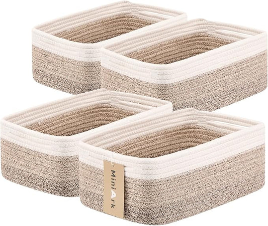 Small Storage Baskets for Organizing | Closet Organizer Bins | Shelf Toy Basket | Woven Rope Baskets | Cube Decorative Box | Shallow Basket | 13x8.5x5.1” | 4 Packs Gradient Brown