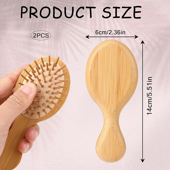Wooden Hair Brush, 2 Pcs Mini Natural Bamboo Hair Brush Portable Travel Detangling Scalp Massager Brushes for Women Men Thick Thin Curly Straight Wet Dry Hairs