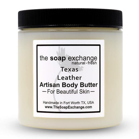 The Soap Exchange Body Butter - Texas Leather Scent - Hand Crafted 16 fl oz / 480 ml Natural Artisan Skin Care, Shea Butter, Aloe Vera, Nourish, Moisturize, & Protect. Made in the USA.