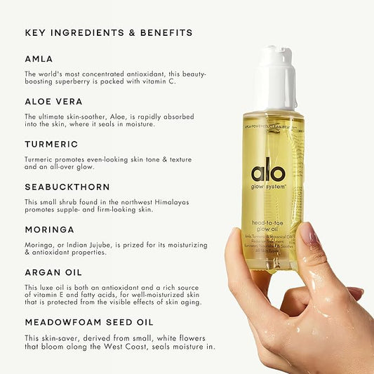 Alo Head-to-Toe Glow Oil | Glow-Boosting Natural Dry Body Oil | Jojoba, Amla, Aloe & Vitamin E | Hydrates & Nourishes Skin | Citrus Scent | 0.7 Oz
