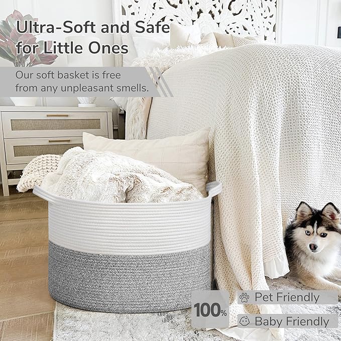 INDRESSME Large Blanket Basket, Laundry Toy Storage Baskets, Decorative Woven Basket for Living Room & Nursery, Baskets for Gifts Empty, Laundry, Dog Toys, Towels, Light Grey, 19.7" D x 12.6" H