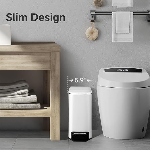 TIPGO Slim Bathroom Trash Can with Lid Soft Close, Step Pedal, 6 Liter / 1.6 Gallon Stainless Steel Trash Bin, Small Garbage Cans for Bedroom, Office, Kitchen (White)