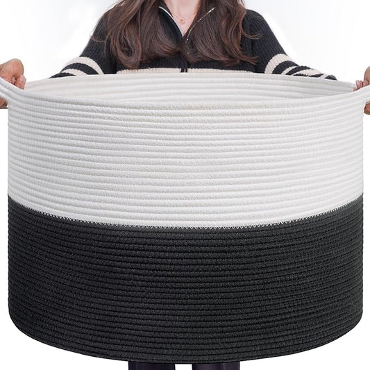 INDRESSME Large Cotton Rope Baskets for Storage, 21.7 x 13.8 Blanket Storage for Living Room Toy Baskets Kids, Baby Laundry Basket for Dirty Clothes, Pillows, 90L White & Black