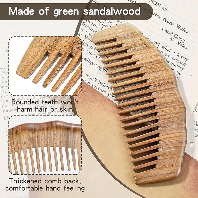 Wooden Comb, Natural Sandalwood Wide Tooth Combs Handmade Anti-Static Wood Comb Wood Massage Comb Prevents Static Styling Detangling Tool for Women Girls Straight Curly Thick Wavy Hair