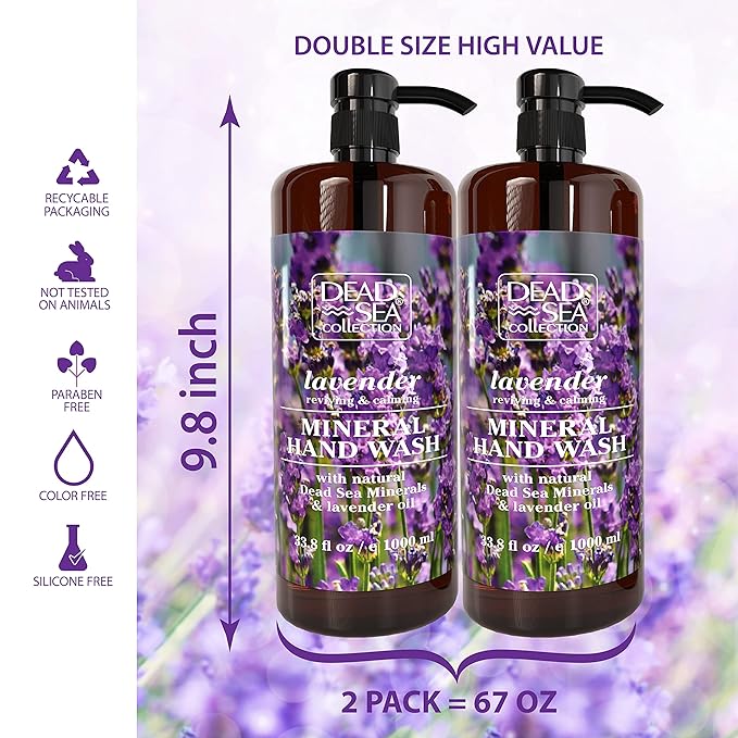 Dead Sea Collection Hand Soap Pump Lavender - Moisturizing Hand Wash Liquid with Dead Sea Minerals and Lavender Oil, Reviving, Calming - Pack of 2 (33.8 Fl Oz Each) - 67.6 Fl Oz Total