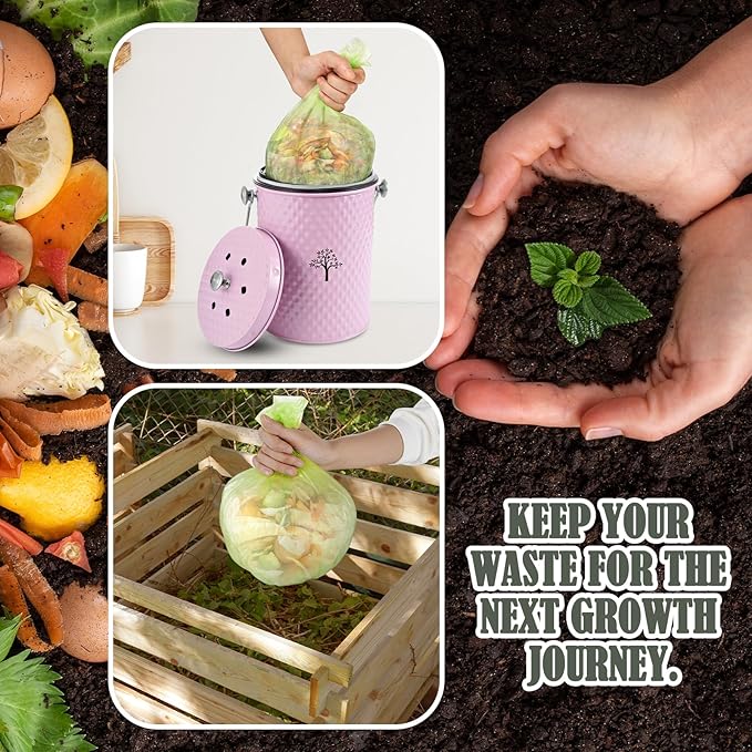 AOSION Countertop Compost Bin Kitchen，Odorless Indoor Compost Bin with Lid and Compost Bags,Compost Bucket Composter Container for Food Waste,Pink