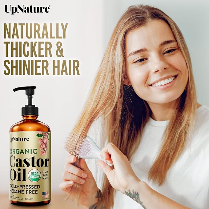 UpNature Organic Castor Oil in Glass Bottle (16 oz) 100% Pure Cold Pressed Unrefined Castor Oil for Hair Skin Face (Hexane Free)