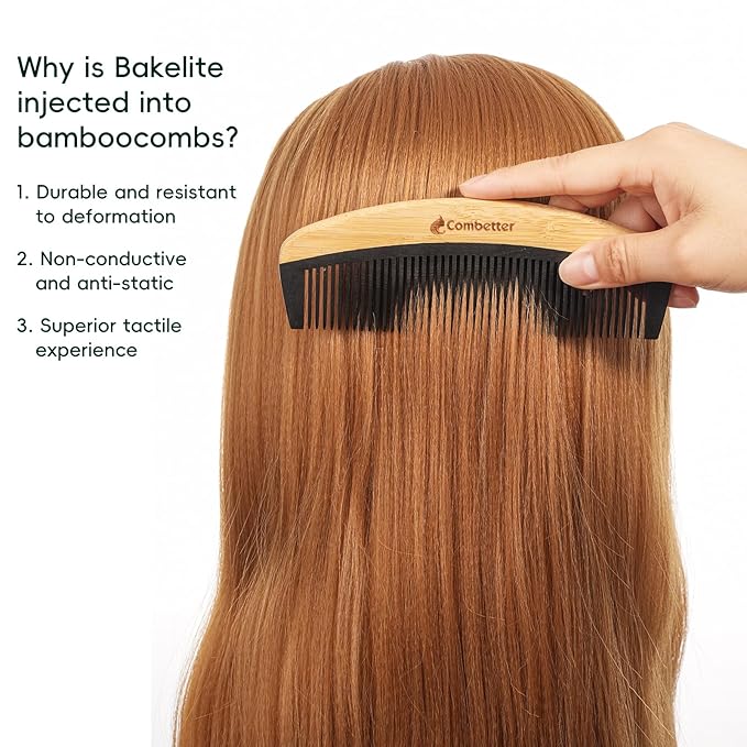 Bamboo Comb for Detangling, Anti Static Fine Tooth Comb for Thick, Thin, Fine, Short, Long Hair, Durable Bakelite Infused Hair Comb for Women,Men