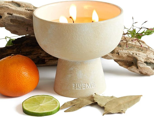 BLUEME Nostalgia - Bergamot & Musk, Luxury Candle w/Essential Oils, 3 Wick, Hand-Poured Soy, Cotton Wick, Ceramic