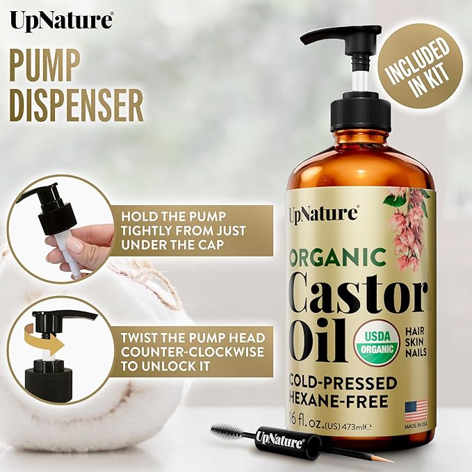 UpNature Organic Castor Oil in Glass Bottle (16 oz) 100% Pure Cold Pressed Unrefined Castor Oil for Hair Skin Face (Hexane Free)