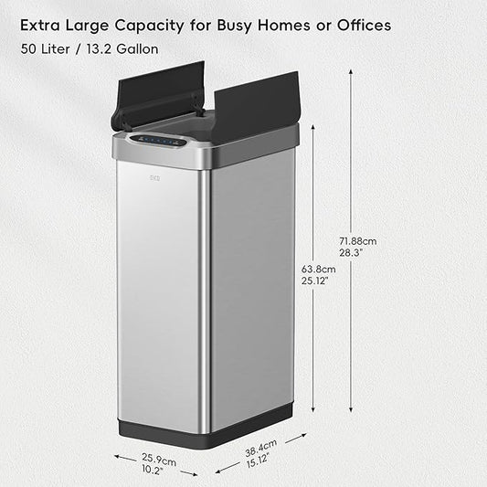 EKO Phantom-T 50 Liter / 13.2 Gallon Vertical Motion Sensor Trash Can, Brushed Stainless Steel Finish