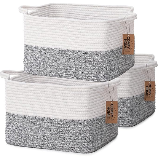 COMFY-HOMI 3-Pack Cotton Rope Woven Rectangular Basket with Handles for Organizing, 13.5" x 11" x 9.5", White/Grey
