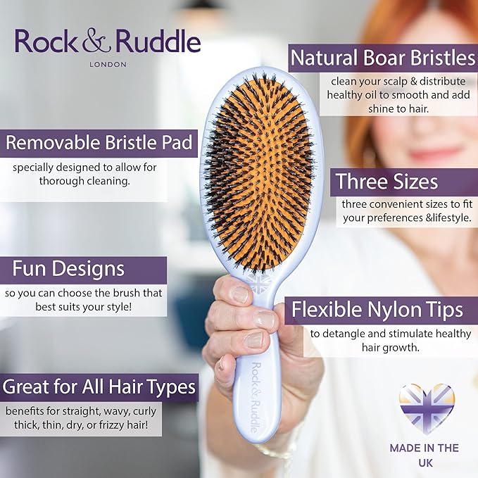 Rock & Ruddle Natural Mixed Boar Bristle Hair Brush for Women and Kids (Large, 21 cm) - Perfect for Wet or Dry Hair, Detangling Smoothing Blowdrying - Designed & Made in UK - Pink Blossom Design