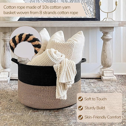 INDRESSME Large Storage Baskets for Organizing, 21.7 x 13.8 Blanket Basket Living Room Dog Toy Bin, Woven Laundry Basket for Dirty Clothes, Pillows, Towel, 90L Mix Black