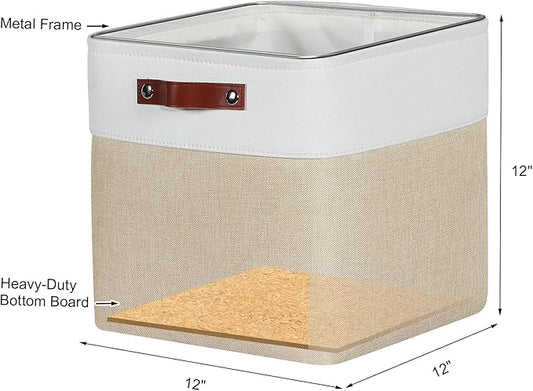 Univivi 12x12 Storage Cube Bins set of 4 Cube Organizer with Handles|Hard Bottom Fabric Closet Storage Organizer Baskets for Shelves (Khaki)