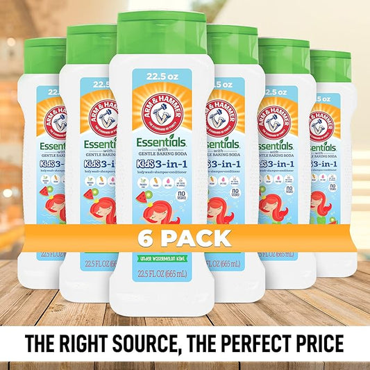 Arm & Hammer 6 Pack Essentials Kids Body Wash - 3-in-1 Watermelon Kiwi 22.5oz - Non Toxic Kids Shampoo and Body Wash And Conditioner