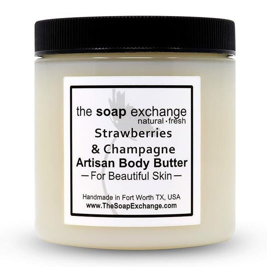 The Soap Exchange Body Butter - Strawberries & Champagne Scent - Hand Crafted 8 fl oz / 240 ml Natural Artisan Skin Care, Shea Butter, Aloe Vera, Nourish, Moisturize, & Protect. Made in the USA.