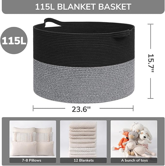 INDRESSME 115L Extra Large Cotton Rope Blanket Basket, Woven Basket for Toy Storage Organizer & Laundry Toy Box for Living Room Area & Nursery Room, Black & Grey