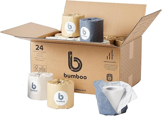 Bumboo Bamboo Toilet Roll 24 Pack | Wrapped Toilet Paper 3 ply, 300 Sheets | Eco Friendly Toilet Paper | Plastic-Free, Soft, Strong, Sustainable & Biodegradable Toilet Tissue