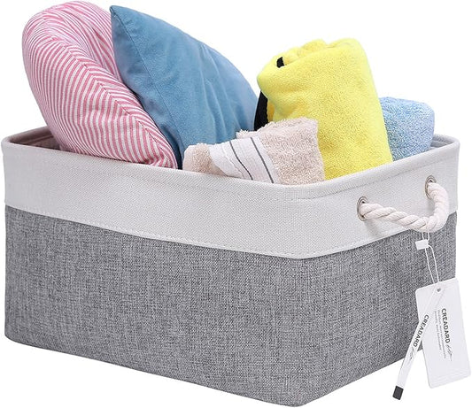 Fabric Storage Basket, Foldable Linen Storage Box for Nursery and Home, Collapsible Canvas Shelf Basket for Wardrobe or Bedroom, Grey and White