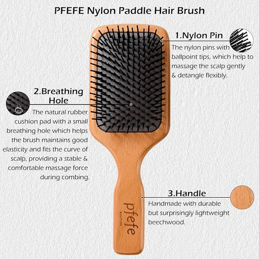 Wooden Paddle Hair Brush - Square Detangling Reducing Breakage Hairbrush for Men & Women, Beechwood Air Cushion Brush with Travel Bag for Thick, Curly, Wet, Dry Hair