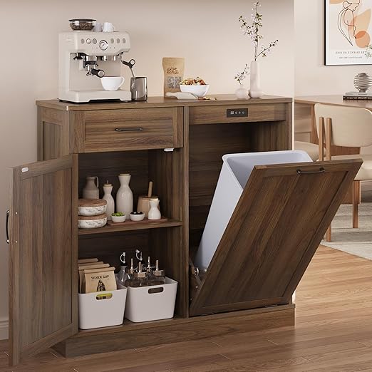 Double Tilt Out Trash Cabinet, Kitchen Island with Trash Storage, Trashcan Cabinet for Kitchens, Wood Cabinet with Trash Can Pull Out, Dog Proof Trash Can (Walnut, 10 Gal)
