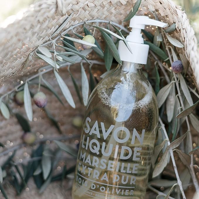 Compagnie de Provence Savon de Marseille Extra Pure Liquid Soap - Olive Wood - 16.7 Fl Oz Glass Pump Bottle and 33.8 fl oz Plastic Bottle Refill
