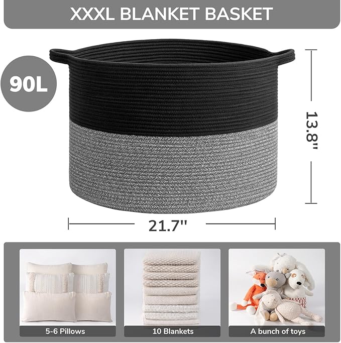 INDRESSME XXXLarge Cotton Rope Basket Woven Baby Laundry Baskets Blanket Baskets Toy Basket with Handle Comforter Cushions Storage Bin Thread Laundry Hamper - 21.7" x 21.7" x 13.8"