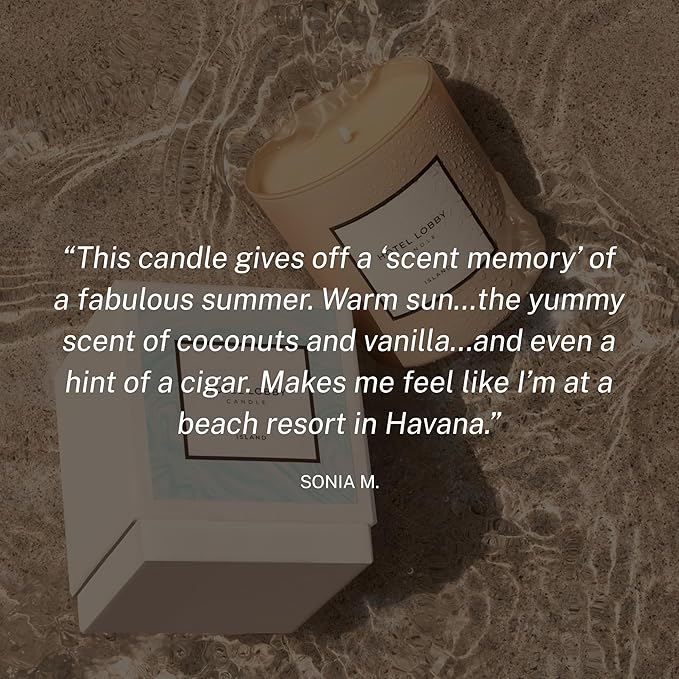 Hotel Lobby Island Candle – Luxury Hand-Poured 9.75oz 100% Soy Wax with Coconut, Vanilla, Rum, Jasmine, and Sandalwood – Paraffin-Free, Infused with Essential Oils, 65-Hour Clean Non-Toxic Burn
