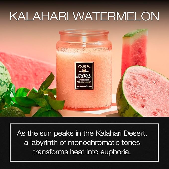Voluspa Kalahari Watermelon, Large Candle Jar, 18 oz, 100 Hour Burn Time, Coconut Wax for Clean Burning, Handcrafted in the USA