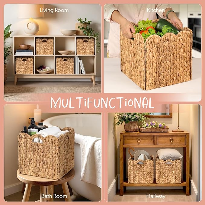 Set of 4 Foldable Scalloped Water Hyacinth Storage Cubes Basket, Storage Cube Bins -12"x12"x12", Collapsible Cube Organizers, Water Hyacinth Woven Bins for Bathroom, Bedroom, Laundry, Pantry, Shelves