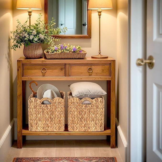 Set of 4 Foldable Scalloped Water Hyacinth Storage Cubes Basket, Storage Cube Bins -12"x12"x12", Collapsible Cube Organizers, Water Hyacinth Woven Bins for Bathroom, Bedroom, Laundry, Pantry, Shelves