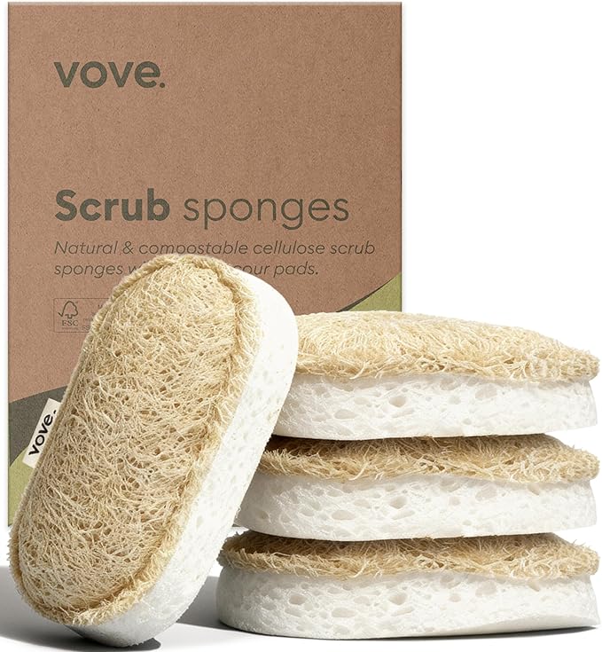 Vove Washing Up Sponges, Pack of 8 - Loofah & Cellulose Sponge with Cotton, Natural Eco-Friendly Kitchen Sponges & Scourers for Household Cleaning, FSC-Certified Packaging